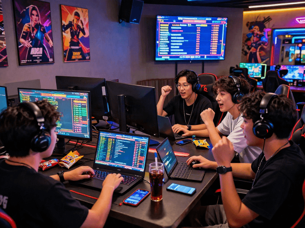 Friends strategizing for togel online in a vibrant gaming lounge.