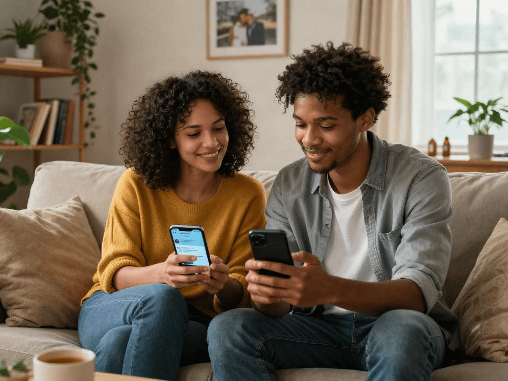 Couple enjoying a sex AI chat in a cozy living room, showcasing connection and intimacy.
