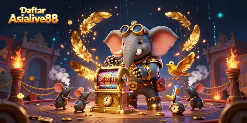 Experience Daftar Asialive88 with a vibrant illustration of a steampunk elephant in a dynamic casino setting.
