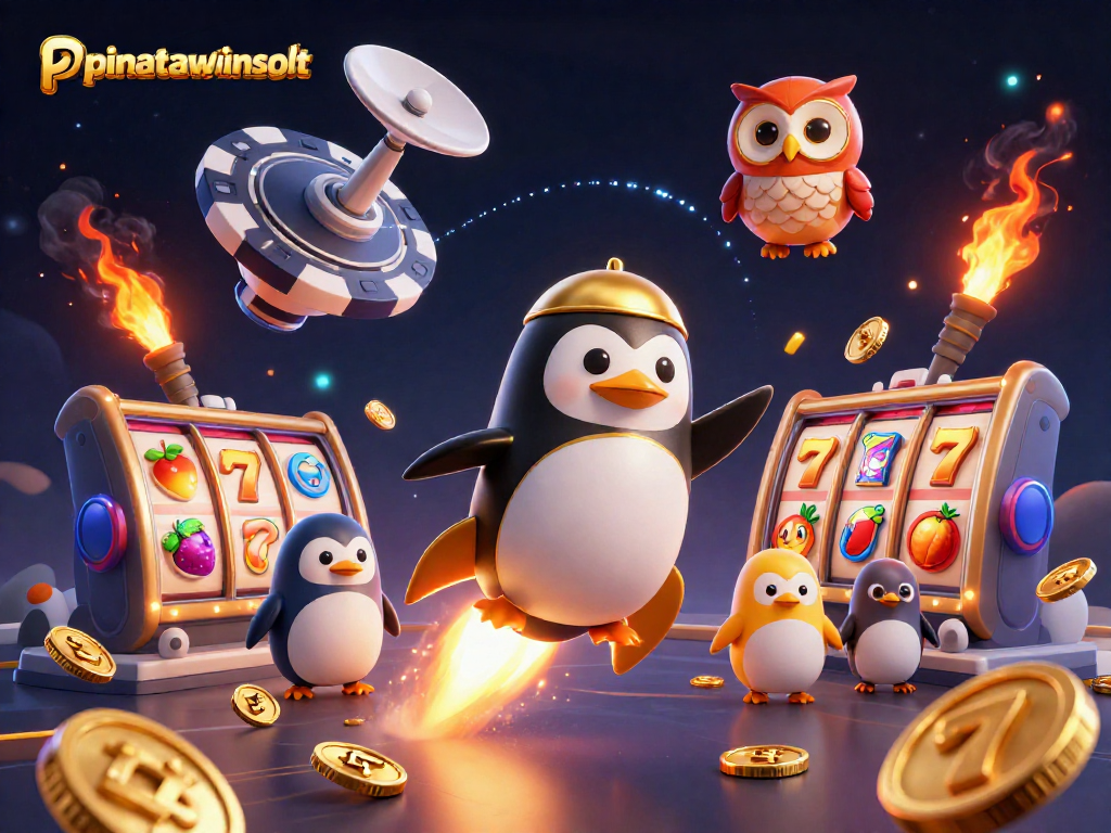 Experience the thrill of winning at pinatawinsslot with colorful slot reels and dynamic penguin character.