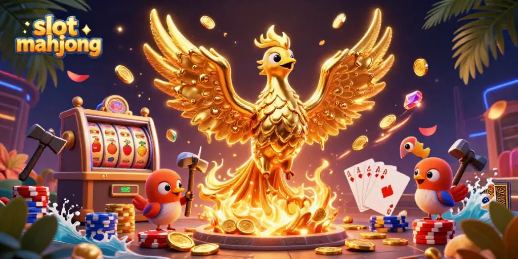 Slot mahjong yang diilustrasikan dengan karakter phoenix emas dan chip poker berwarna-warni yang memancarkan keceriaan di kasino.