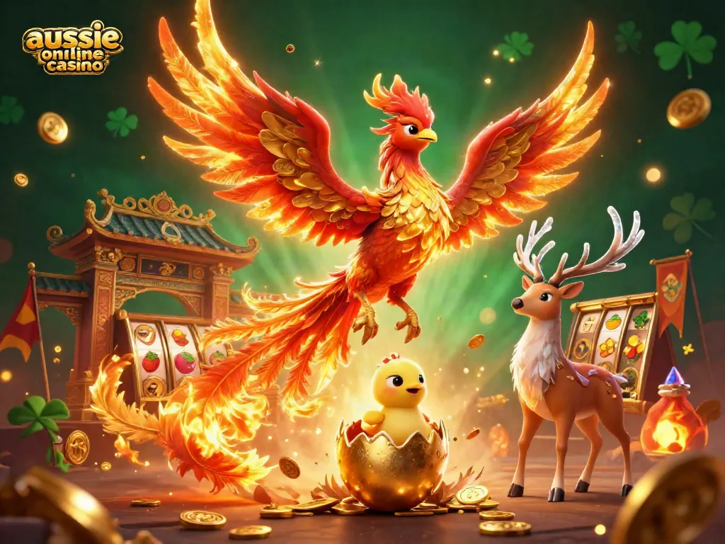 Explore the vibrant scene showcasing an aussie online casino with a phoenix and golden gambling elements, symbolizing excitement.