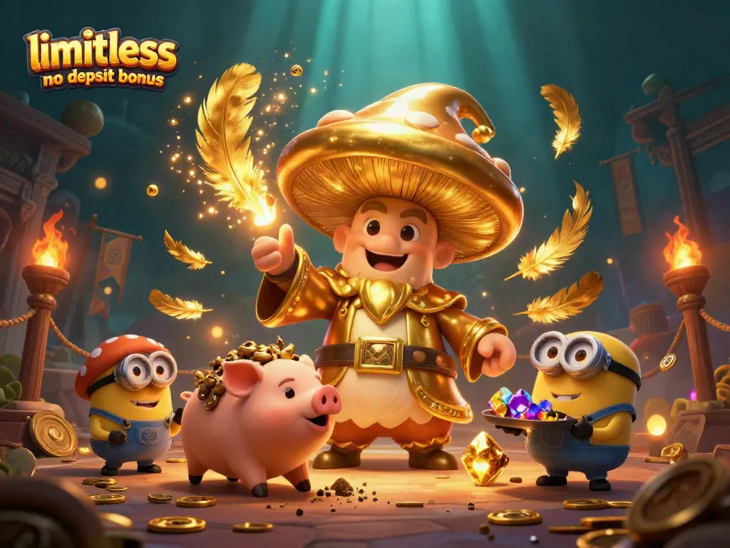 Win with limitless casino no deposit bonus; magical scene with golden wizard and treasure-hunting pig