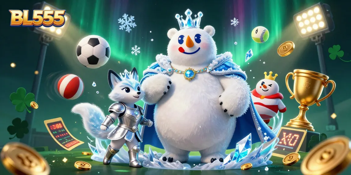 Experience thrilling betting with BL555, featuring cartoon characters surrounded by dynamic sports elements and casino excitement.