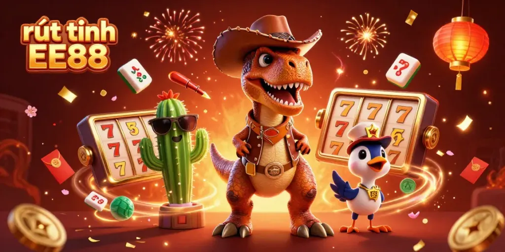Engage in rút tiền EE88 with vibrant casino-themed characters and elements illustrated in a festive scene.
