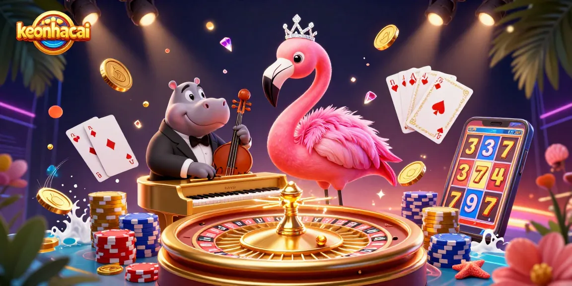 Engage with keonhacai's vibrant casino scene featuring a flamingo singer, hippo bassist, and lively gaming elements.