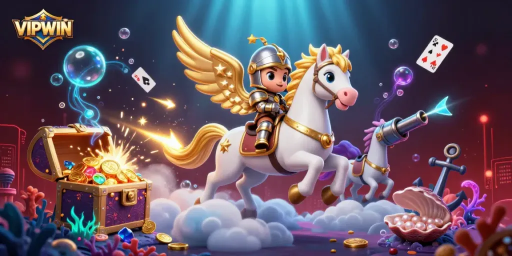 Experience VIPWIN with dynamic gameplay featuring a celestial horse, golden treasures, and playful casino elements.