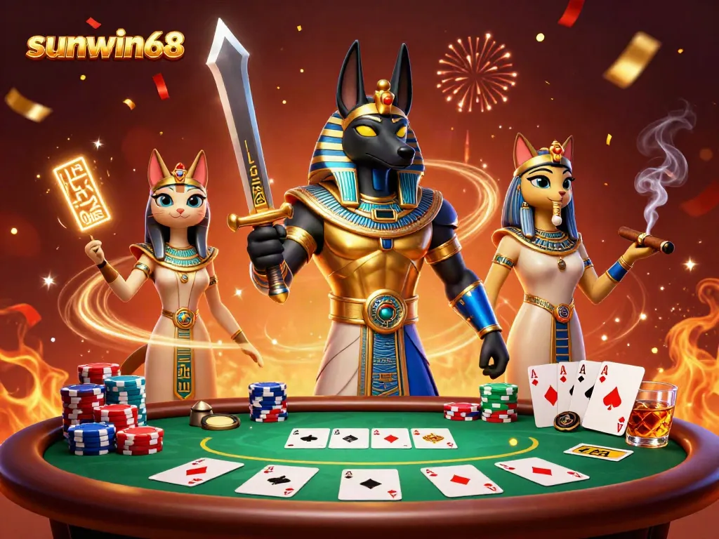 Experience thrilling gameplay at sunwin68 with Anubis and Bastet in an enchanting casino scene.