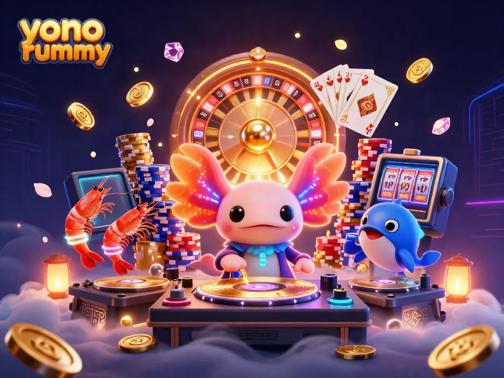 Gambarkan aktivitas permainan di yono rummy dengan karakter unik dalam suasana penuh hadiah dan keceriaan.