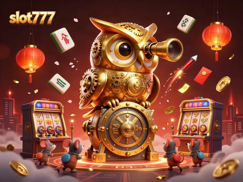 Experience thrilling slot777 action with a golden owl scanning a vibrant casino floor.