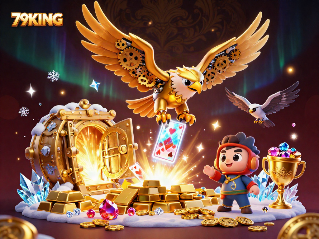 Experience exciting gameplay with 79KING, illustrated by a golden eagle amidst vibrant casino treasures.
