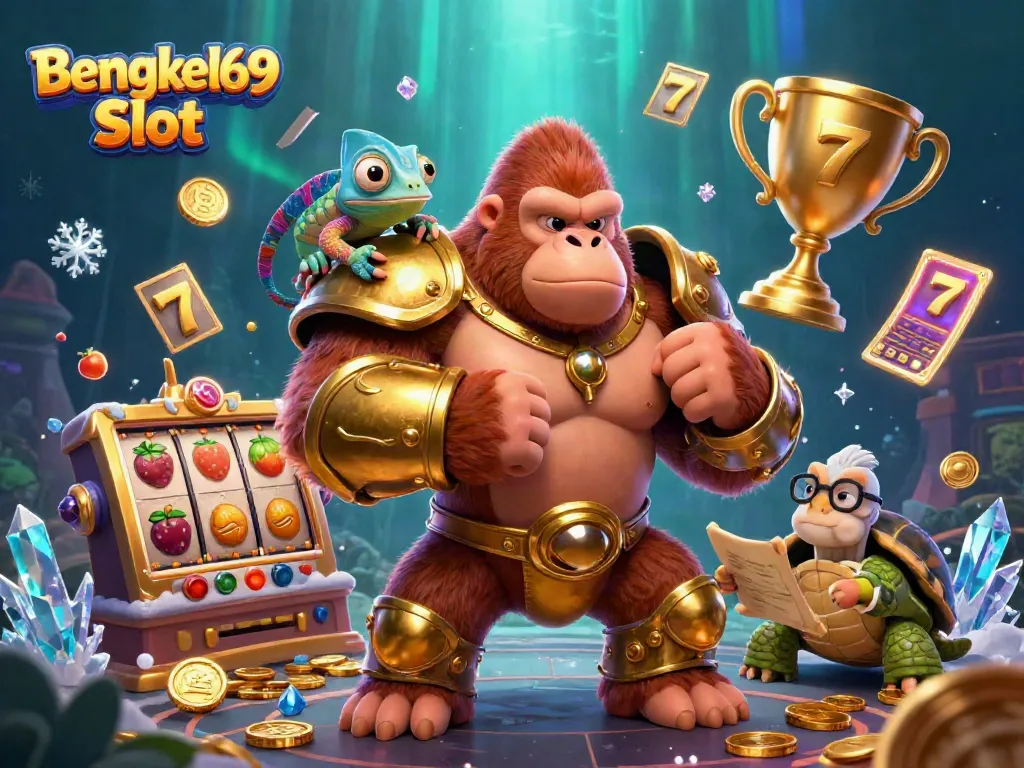 Engage with Bengkel69 Slot's thrilling world of vibrant slot reels and iconography in a dynamic scene.