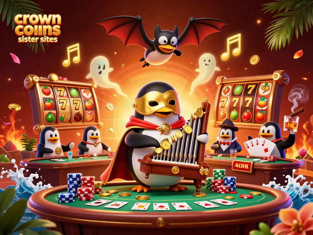 Experience the thrill of gaming at crown coins casino sister sites with a penguin playing a gold-pipe organ.