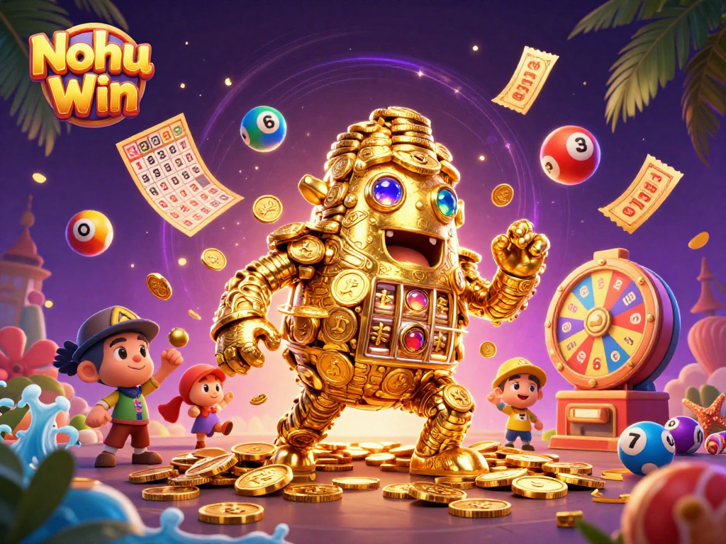 Nohu Win showcases an engaging experience with a golden golem and lottery elements swirling in a vibrant scene.