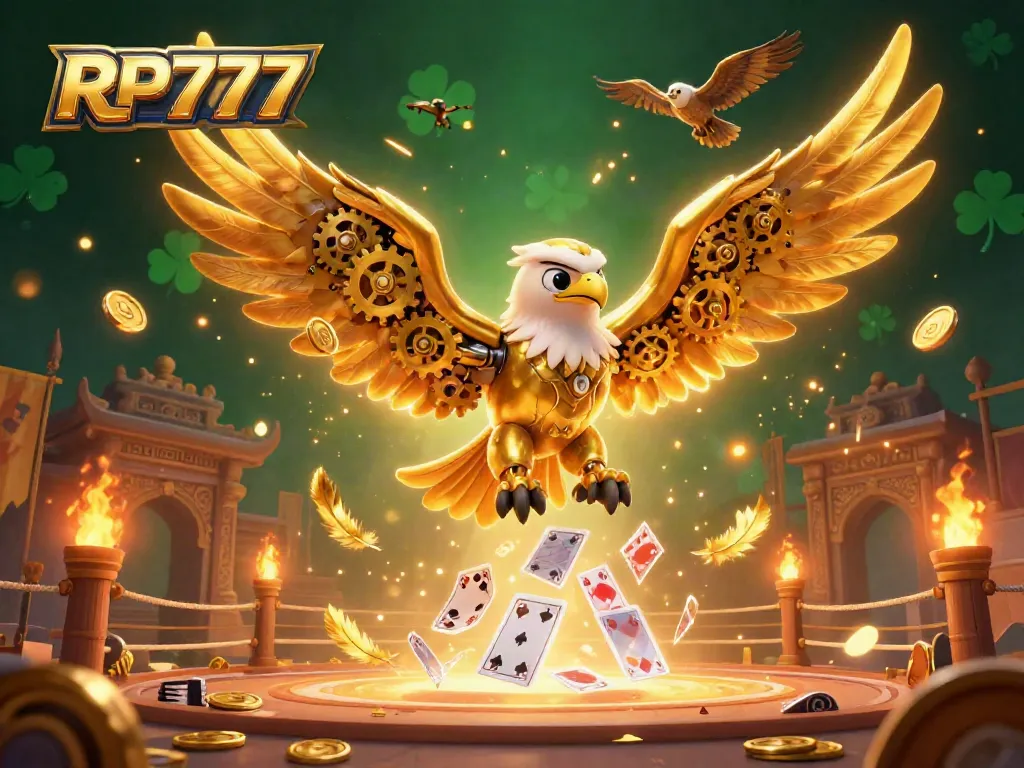 Experience immersive gaming with RP777, featuring vibrant holographic cards and a dynamic cybernetic eagle.
