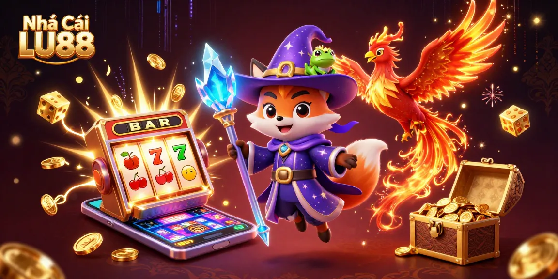Experience the thrill at Nhà Cái LU88 with a vibrant 3D casino scene featuring a jackpot explosion and colorful characters.