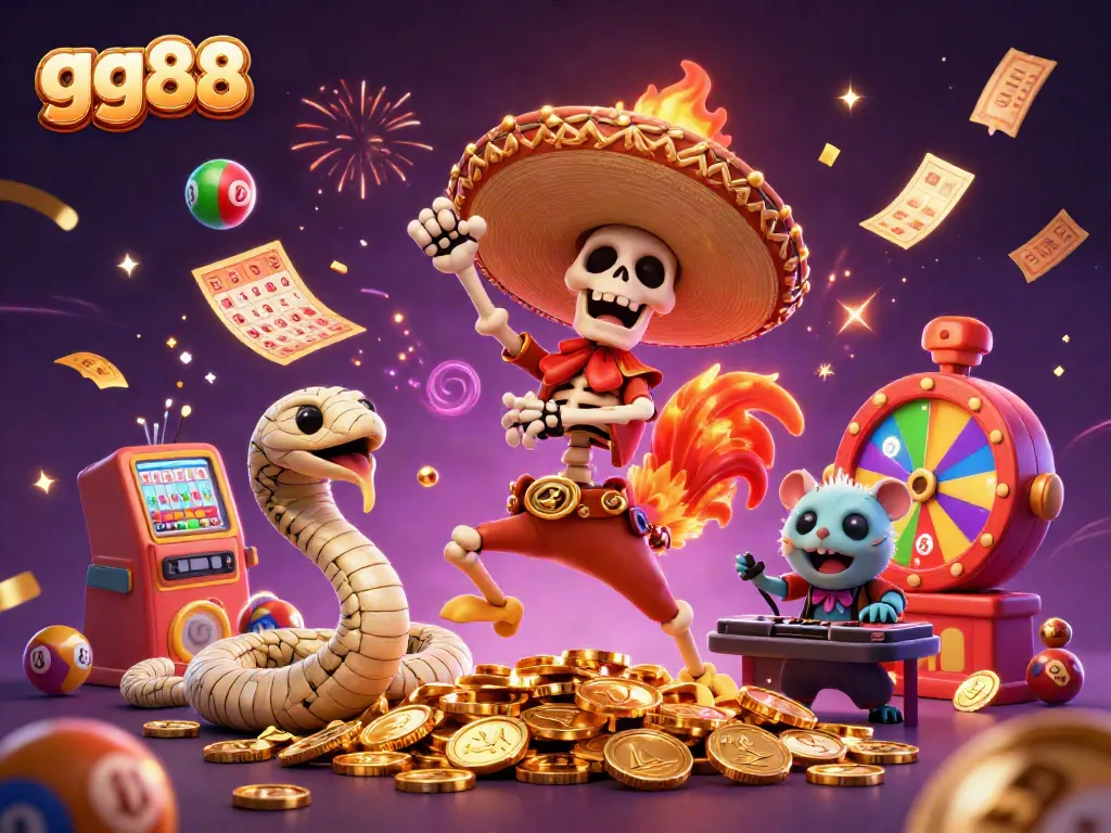 Engage with GG88 as the festive mariachi rooster celebrates amidst dynamic casino elements.