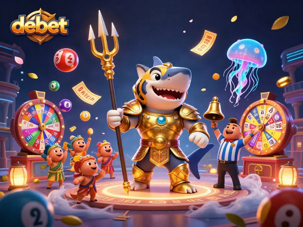 Bet on debet with a dynamic underwater casino scene featuring a tiger shark and colorful lottery elements.