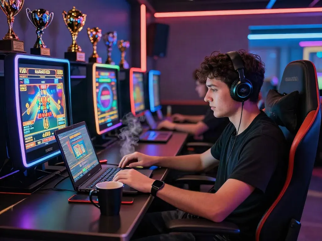 Player engaging in exciting online slots while enjoying luxury12 login experience in vibrant gaming lounge.