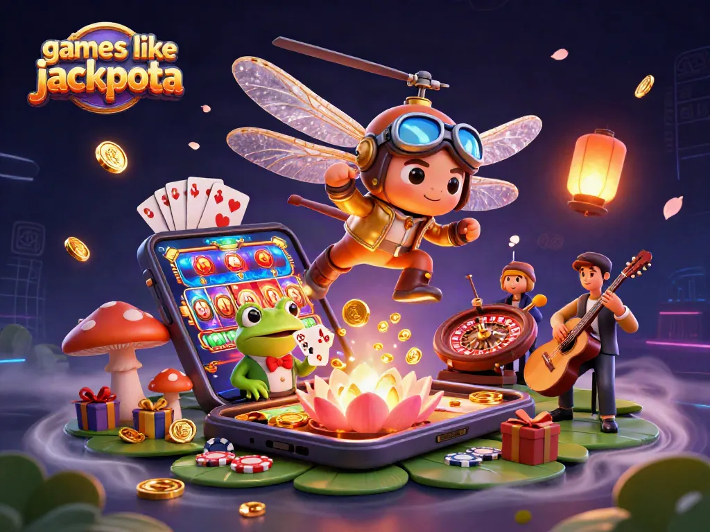 Win rewards with games like jackpota in this detailed casino scene featuring a vibrant dragonfly pilot and frog dealer.
