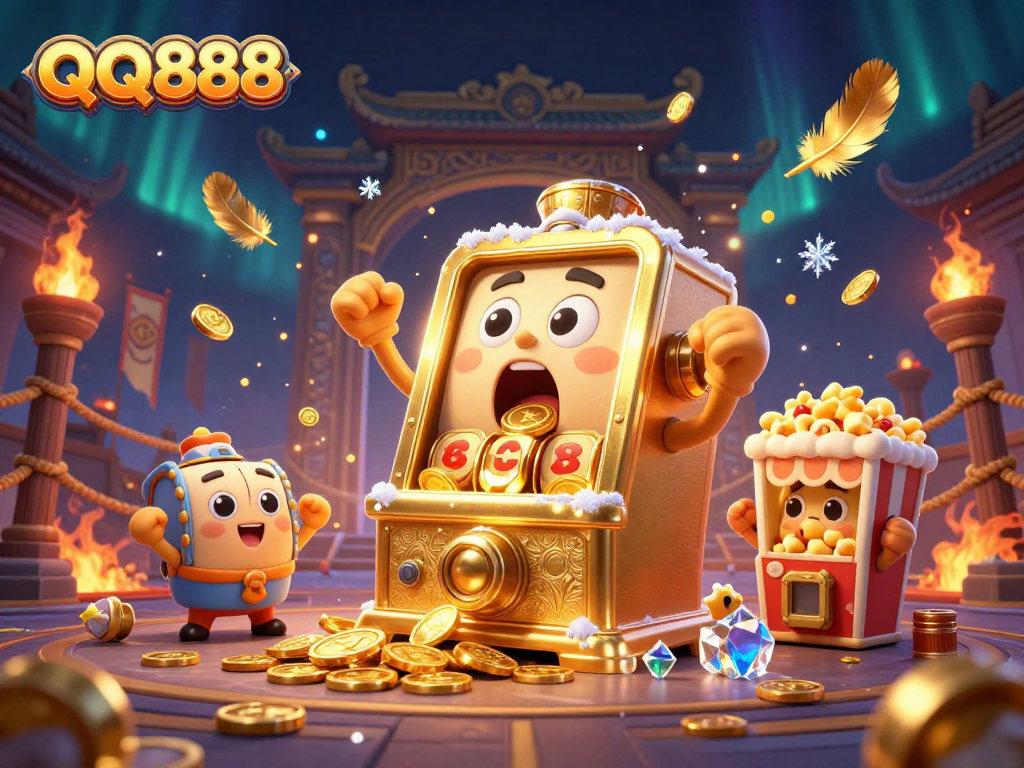 Experience the excitement of QQ888 as a golden slot machine celebrates its jackpot with coins pouring out!