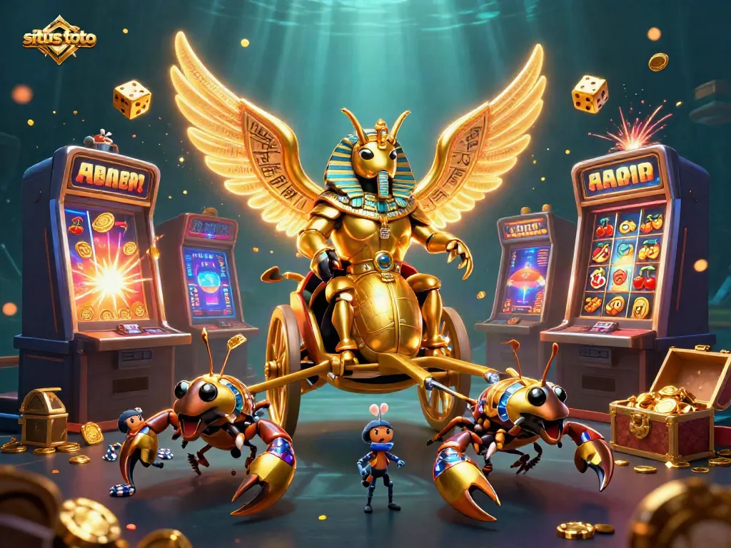 Experience situs toto excitement with this vibrant 3D illustration of a golden scarab beetle and dazzling casino elements.