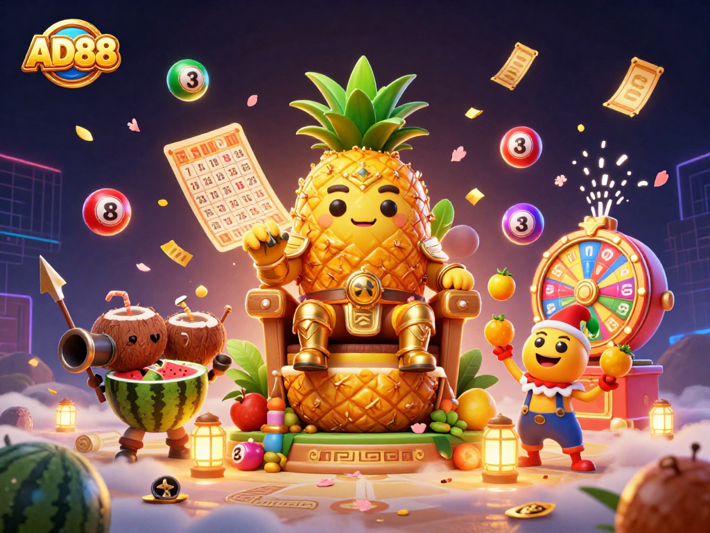Spin to win with AD88 in a vibrant, playful casino scene filled with lottery balls and golden prizes.