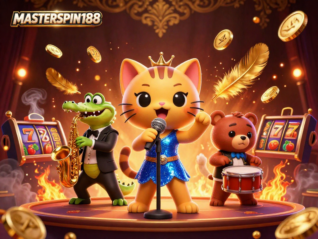 Experience thrilling moments with MASTERSPIN188 in this vibrant casino scene featuring lively characters.
