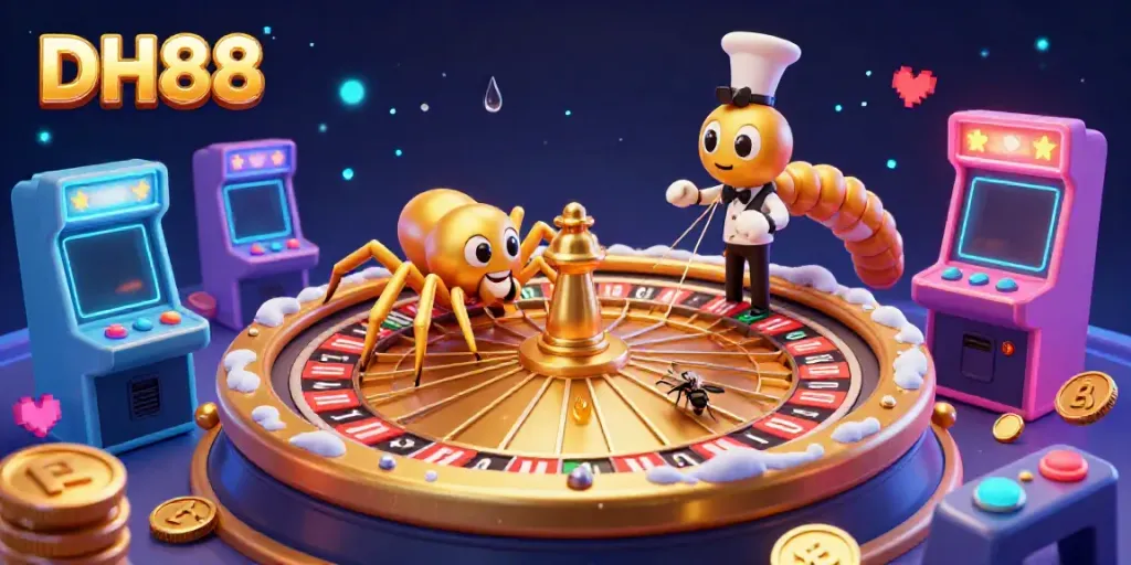 Engaging DH88 casino illustration showing a golden spider spinning a roulette wheel web as a fly bets nervously.