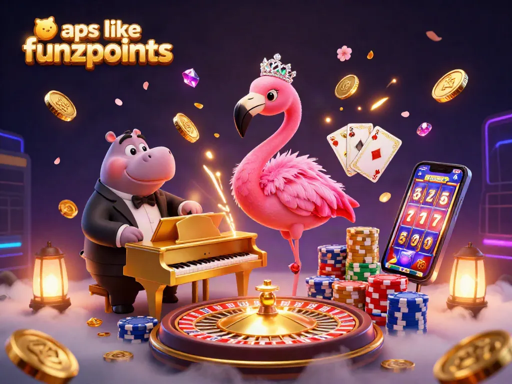 Play exciting games like funzpoints while striking gold coins and jewels abound in this vibrant casino scene.
