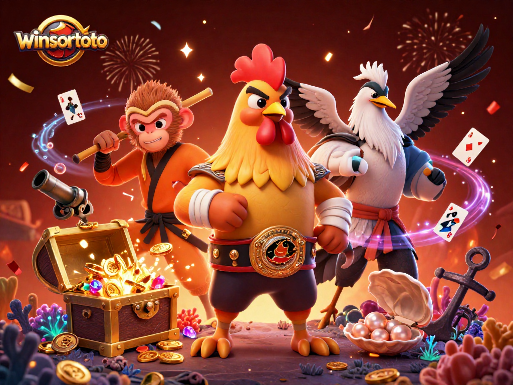Menangkan dengan winsortoto: ilustrasi rooster Muay Thai berjuang di tengah koin emas dan kartu bermain.