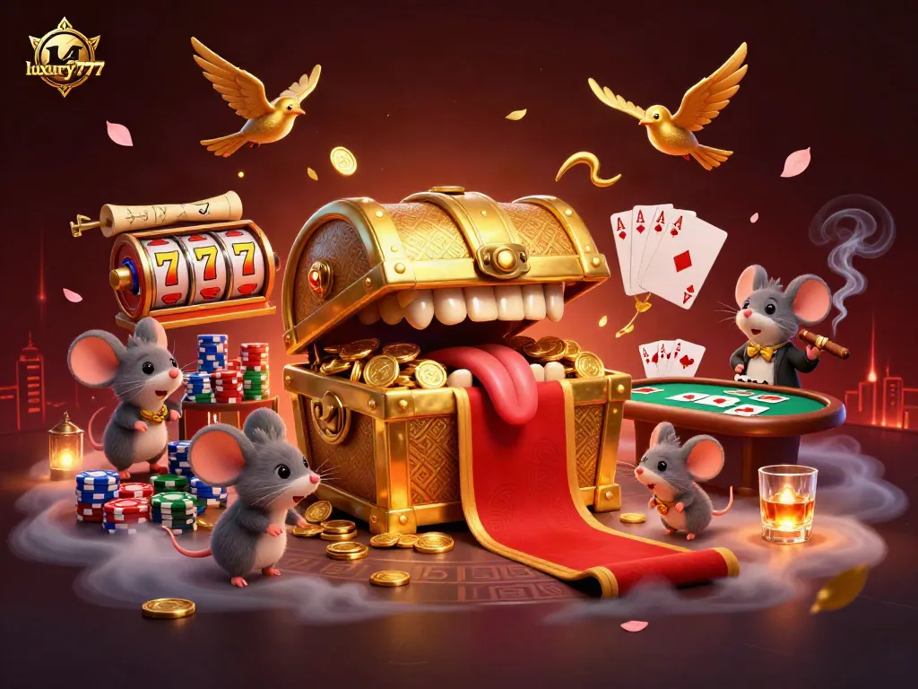 Experience the thrill of luxury777 with a golden treasure chest and dynamic casino elements capturing the excitement.