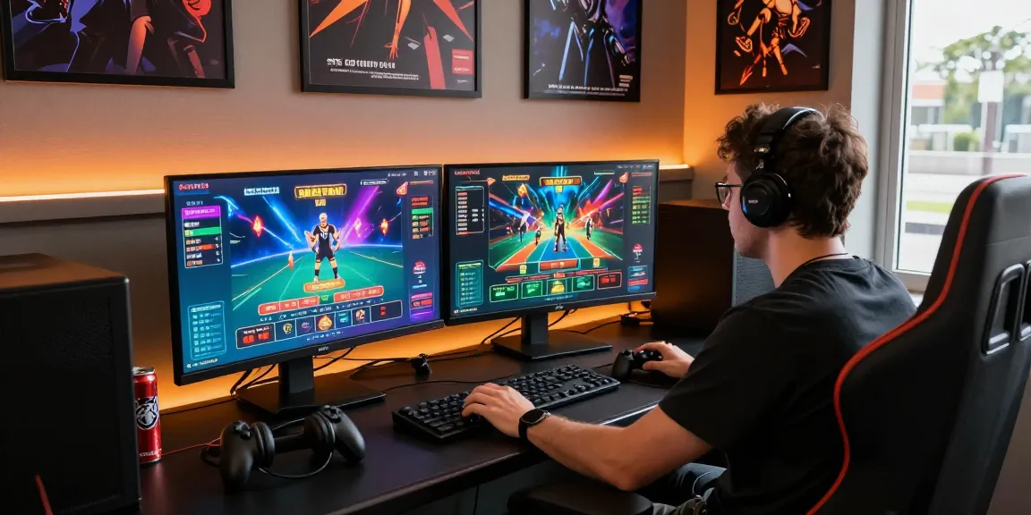Engaging online gaming scene featuring situs toto setup with monitors and gaming gear.