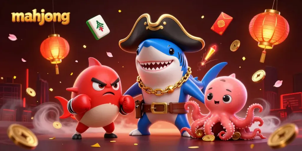 Engage in exciting mahjong gameplay with a pirate shark, pufferfish sidekick, and octopus holding coins.