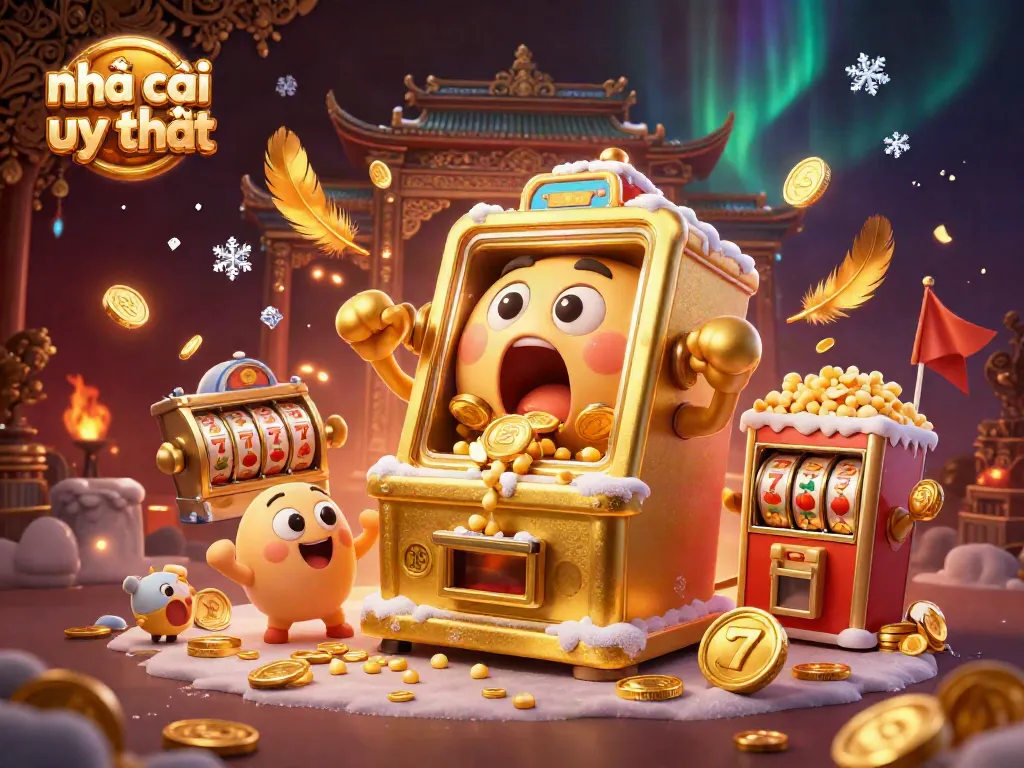 Engage with nhà cái uy tín in this vibrant scene featuring golden slot machines and exciting casino elements.