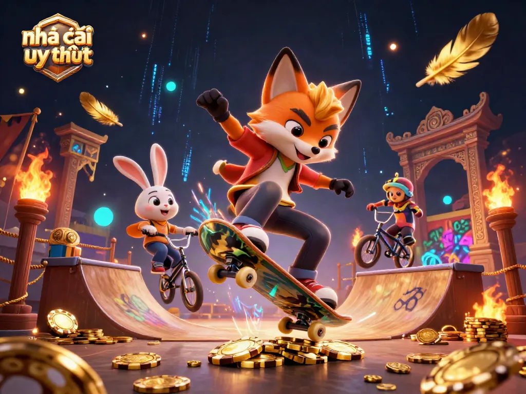 Engaging scene showcasing Nhà cái uy tín with a skateboarder fox and BMX rabbit in a vibrant casino environment.