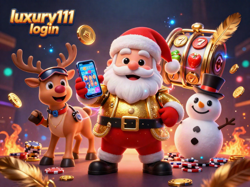 Engage in gaming excitement with luxury111 login, featuring a festive casino scene and vibrant characters.