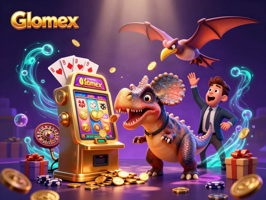 Glomex showcases a thrilling casino scene with dinosaurs and slot machines, dynamic action and excitement.