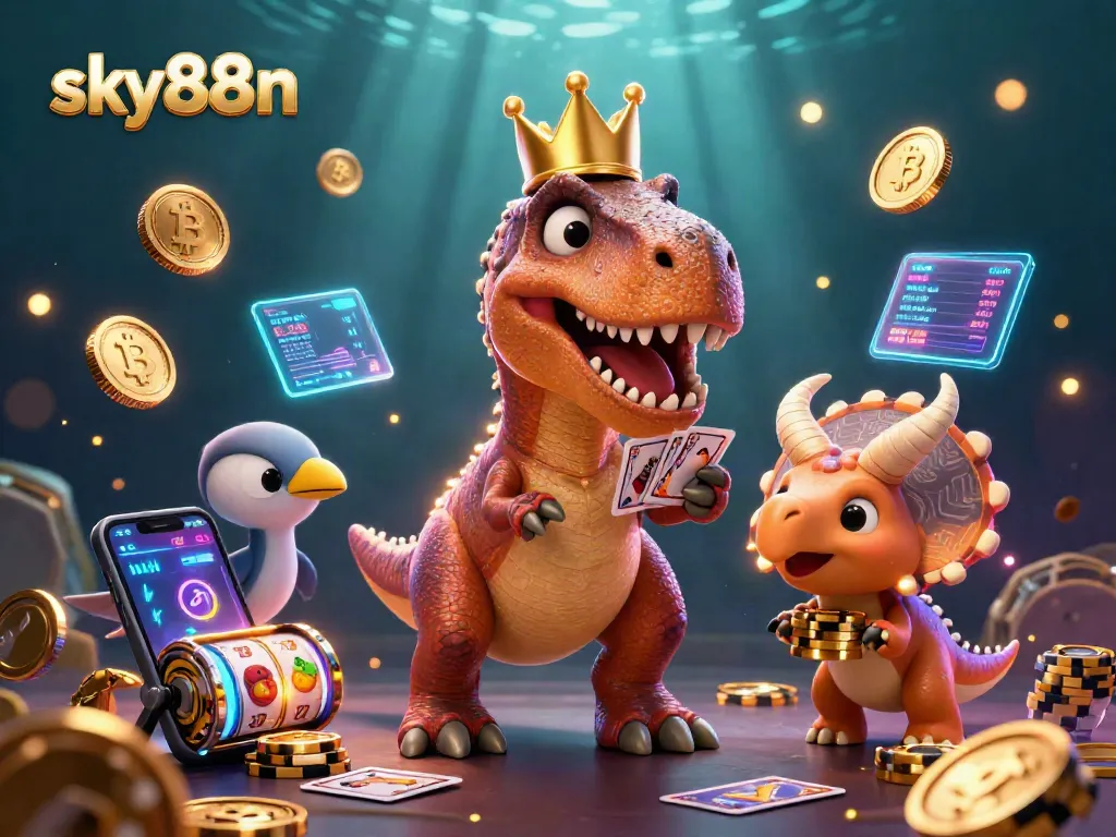 Engage in gaming thrills with sky88n as a T-Rex shuffles cards while friendly characters bring vibrant casino elements to life.