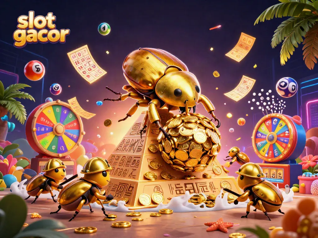 Engage with slot gacor for big wins: a golden beetle scene bursting with casino symbols.