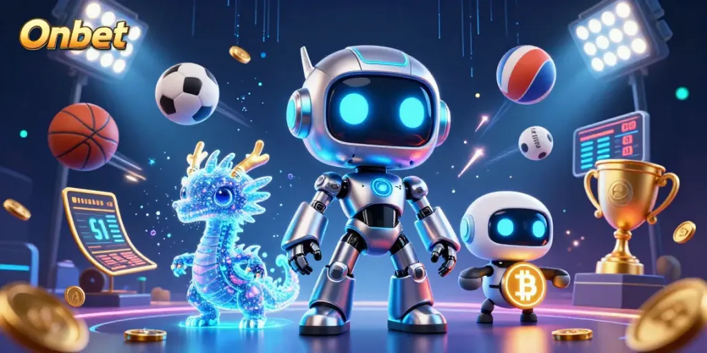Onbet casino illustration featuring a cyberpunk robot and betting elements for engaging gameplay.