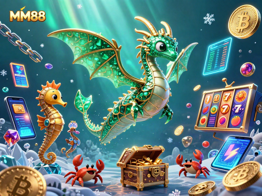 Players enjoy the vibrant MM88 casino experience with glowing crypto elements and slot games.