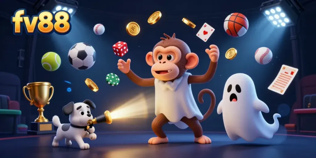 Experience thrilling fun at fv88 casino with a mischievous monkey and ghost-hunter puppy action.