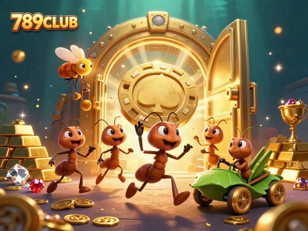Engage with 789CLUB as ants joyfully steal a gigantic poker chip in this vibrant casino-themed illustration.