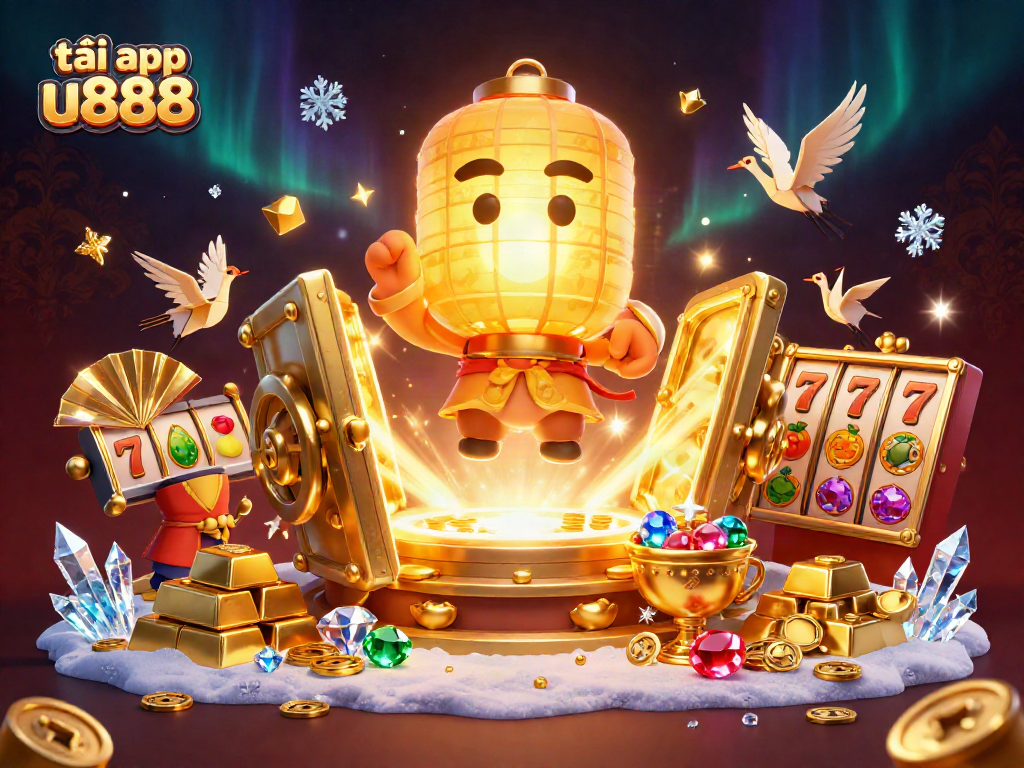 Experience the excitement and thrill of tải app u888 with this vibrant 3D illustration featuring a golden lantern spirit and dynamic casino elements.