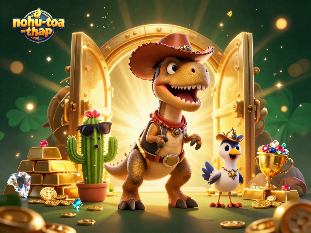 The "nohu-toa-thap" game excitement bursts with a T-Rex and friends amidst golden treasures and vibrant casino elements.