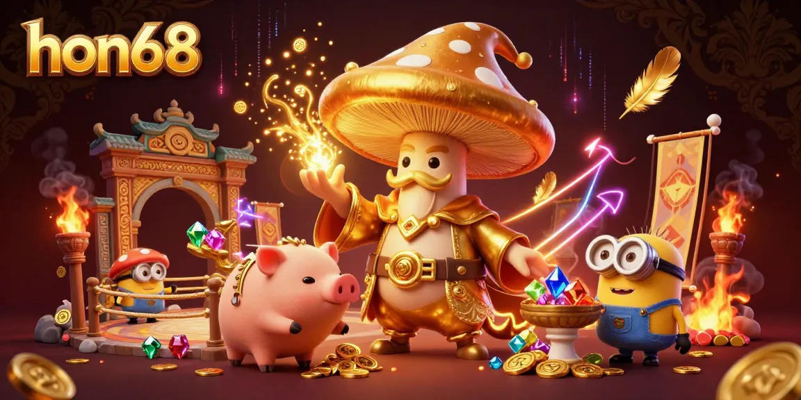 Experience thrilling magic with hon68 as the golden mushroom wizard transforms treasures in this vibrant casino scene.