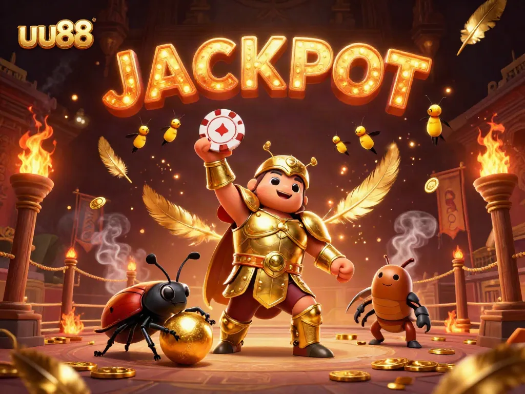 Play exciting games at uu88, where a hercules beetle lifts a poker chip in victory.