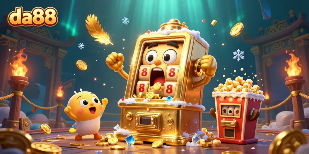 da88 slot machine hits jackpot, surrounded by cheering machines and dynamic casino atmosphere