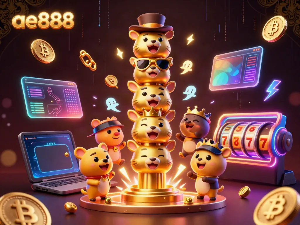 Engage with the vibrant world of ae888's crypto casino offerings through energetic 3D illustration.